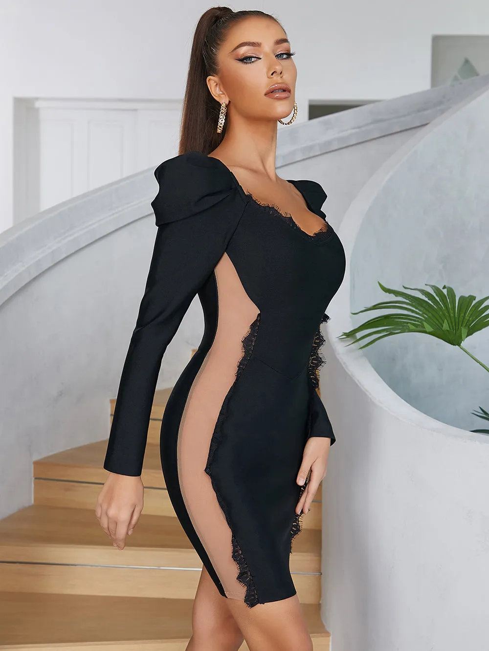 Square Collar Long Sleeve Lace Mini Bandage Dress HB00311