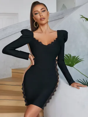 Square Collar Long Sleeve Lace Mini Bandage Dress HB00311