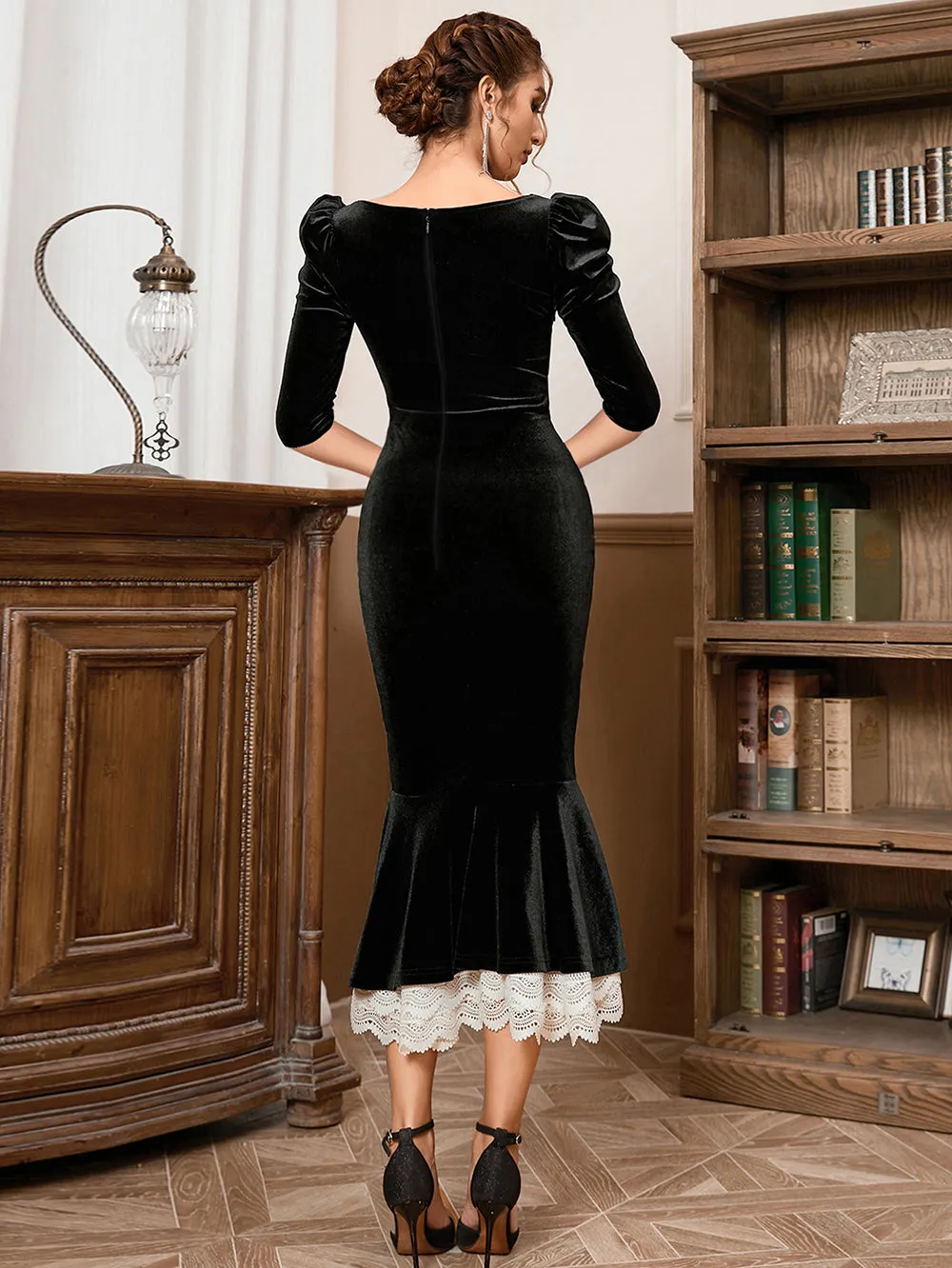 Square Collar Mid Sleeve Lace Midi Bodycon Dress HB10055