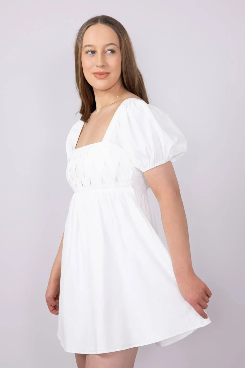 Square Neck Puff Sleeve Dress for Women in White | ID4543-WHITE
