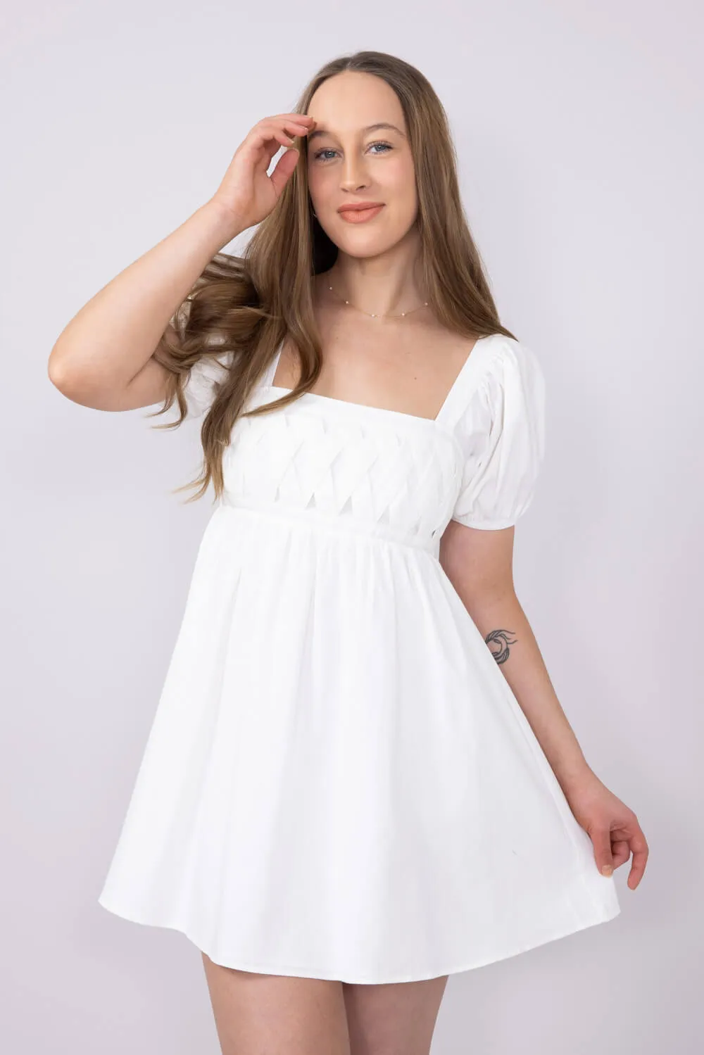 Square Neck Puff Sleeve Dress for Women in White | ID4543-WHITE