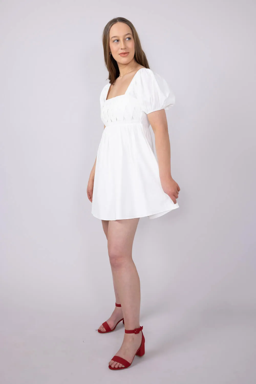 Square Neck Puff Sleeve Dress for Women in White | ID4543-WHITE