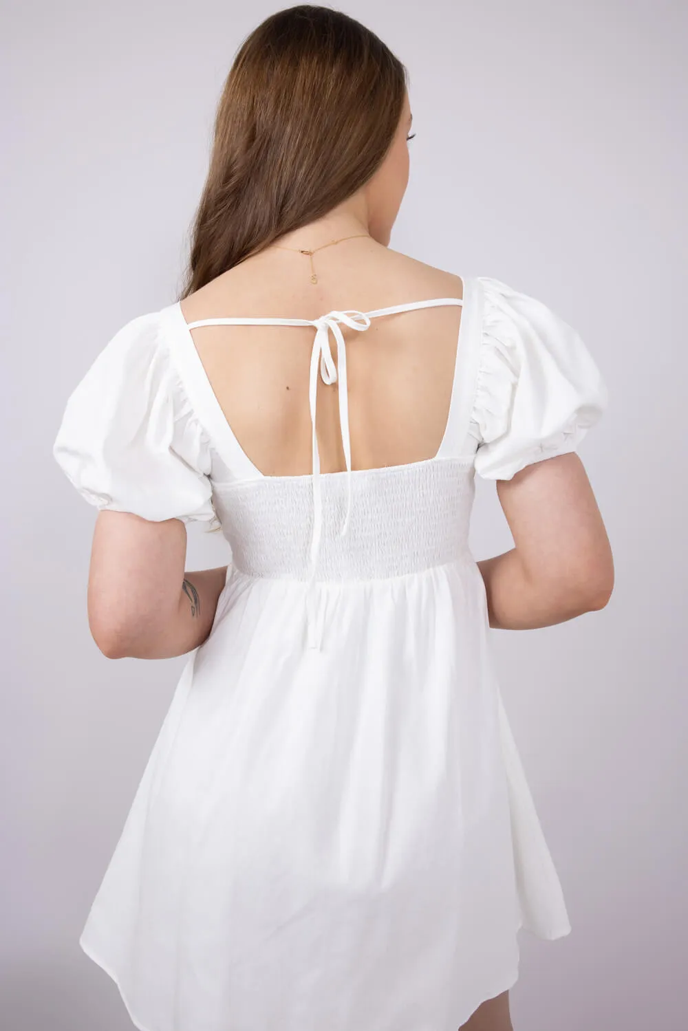 Square Neck Puff Sleeve Dress for Women in White | ID4543-WHITE