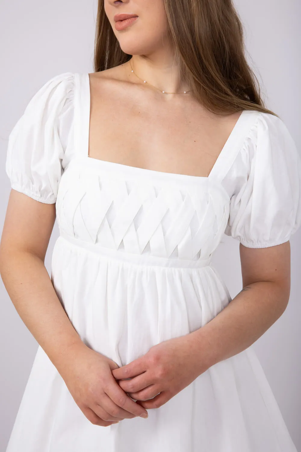 Square Neck Puff Sleeve Dress for Women in White | ID4543-WHITE