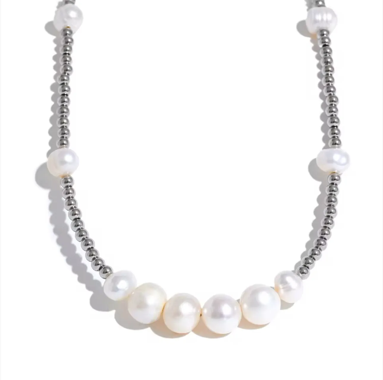 Stainless Steel beaded necklace with Fresh water pears | Erika Williner Designs