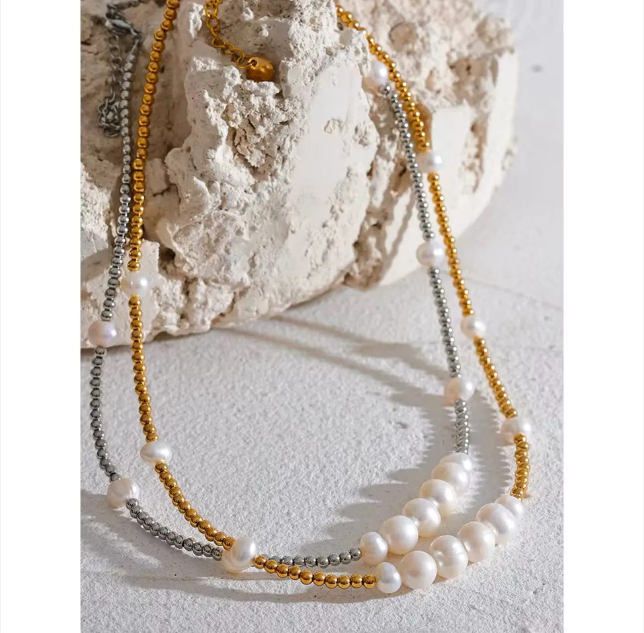 Stainless Steel beaded necklace with Fresh water pears | Erika Williner Designs