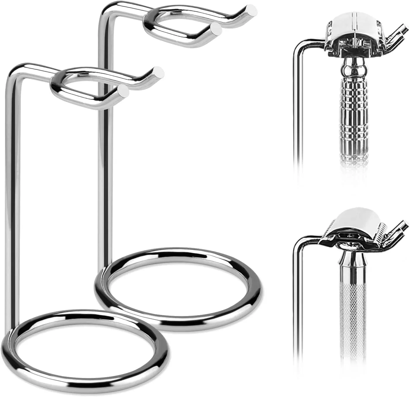 Stainless Steel Safety Razor Stand, Shaving Razor Holder, Deluxe Men'S Travel Shaver Stand, Compatible with Long Handle Safety Razor, Fusion 5, Proshield, Mach 3 (Silver/Polished Chrome)