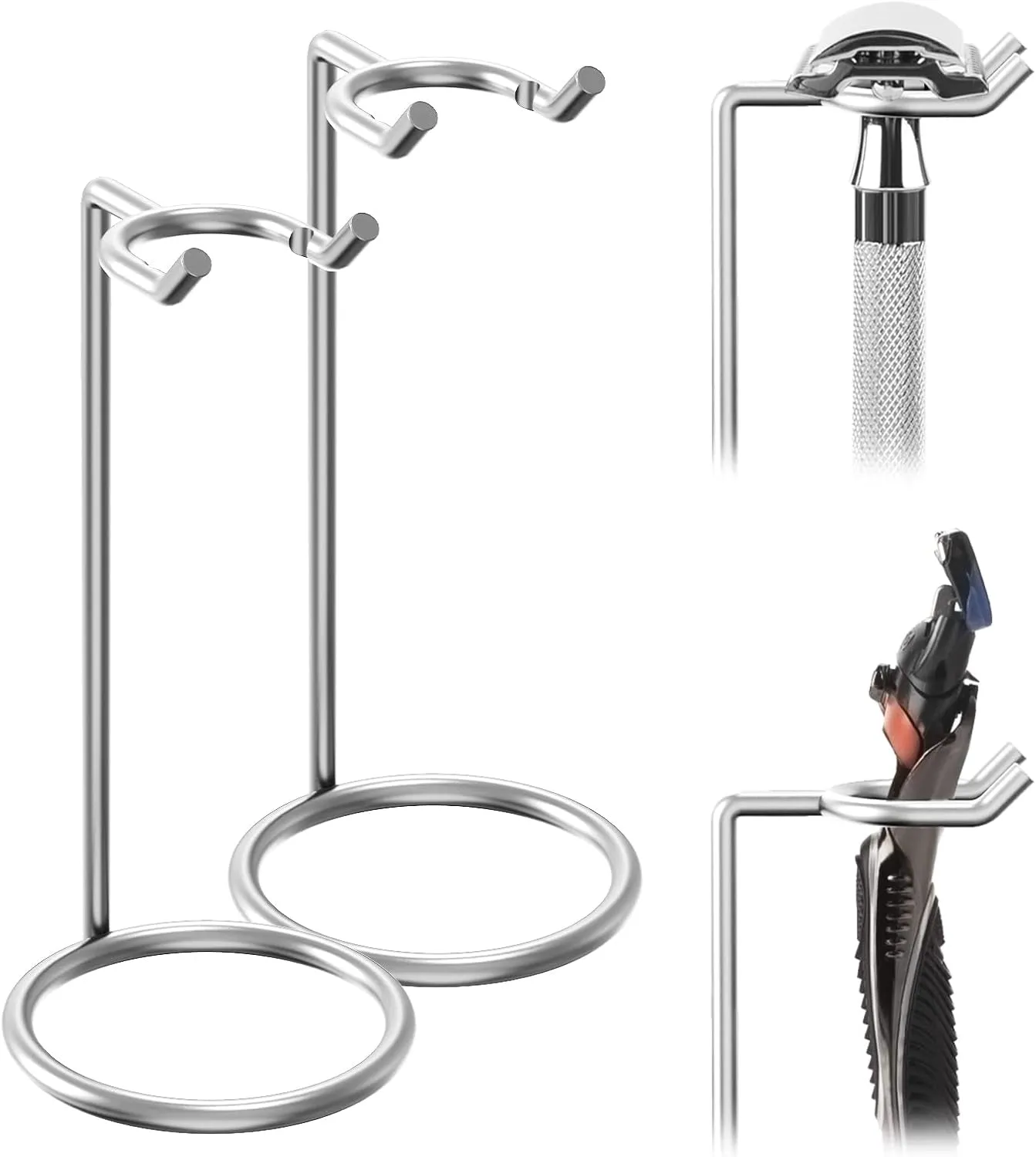 Stainless Steel Safety Razor Stand, Shaving Razor Holder, Deluxe Men'S Travel Shaver Stand, Compatible with Long Handle Safety Razor, Fusion 5, Proshield, Mach 3 (Silver/Polished Chrome)