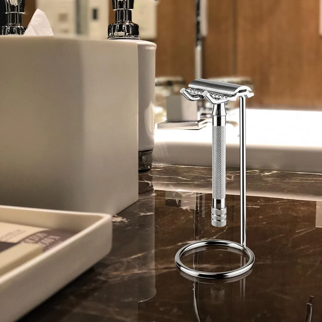 Stainless Steel Safety Razor Stand, Shaving Razor Holder, Deluxe Men'S Travel Shaver Stand, Compatible with Long Handle Safety Razor, Fusion 5, Proshield, Mach 3 (Silver/Polished Chrome)