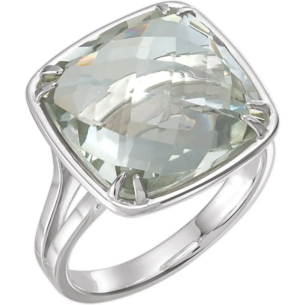 Sterling Silver 14mm Double Sided Checkerboard Green Quartz Ring, Size 7
