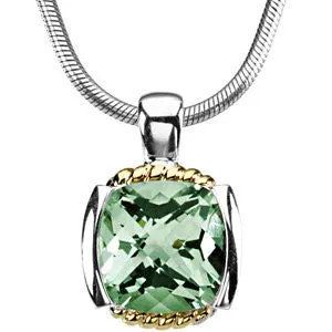 Sterling Silver & 14K Yellow Gold Genuine Green Quartz Pendant on 18" Snake Chain