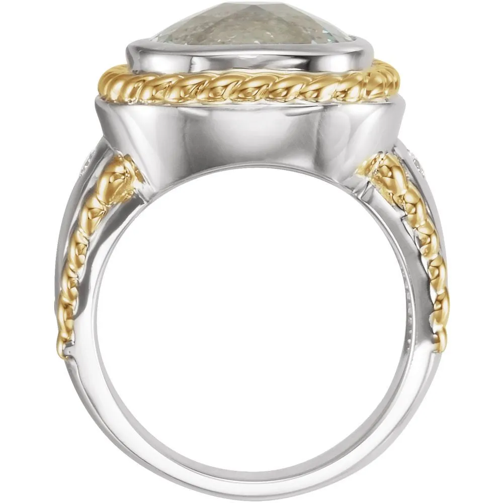 Sterling Silver & 14k Yellow Gold Green Quartz & 1/10 CTW Diamond Ring , Size 7