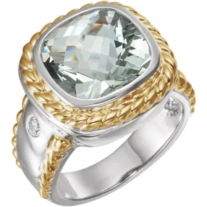 Sterling Silver & 14k Yellow Gold Green Quartz & 1/10 CTW Diamond Ring , Size 7