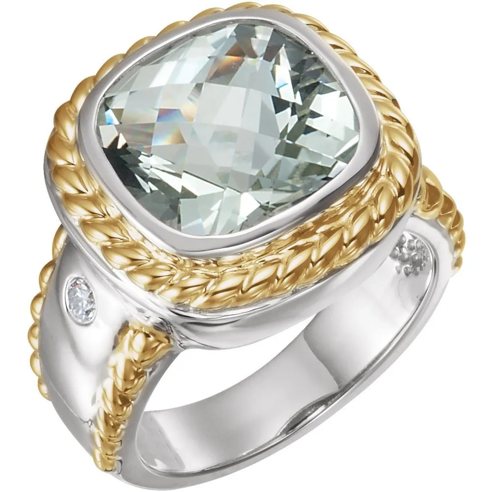 Sterling Silver & 14k Yellow Gold Green Quartz & 1/10 CTW Diamond Ring , Size 7