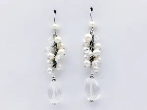 Sterling silver Freshwater Pearl cluster and clear quartz crystal dangle earrings