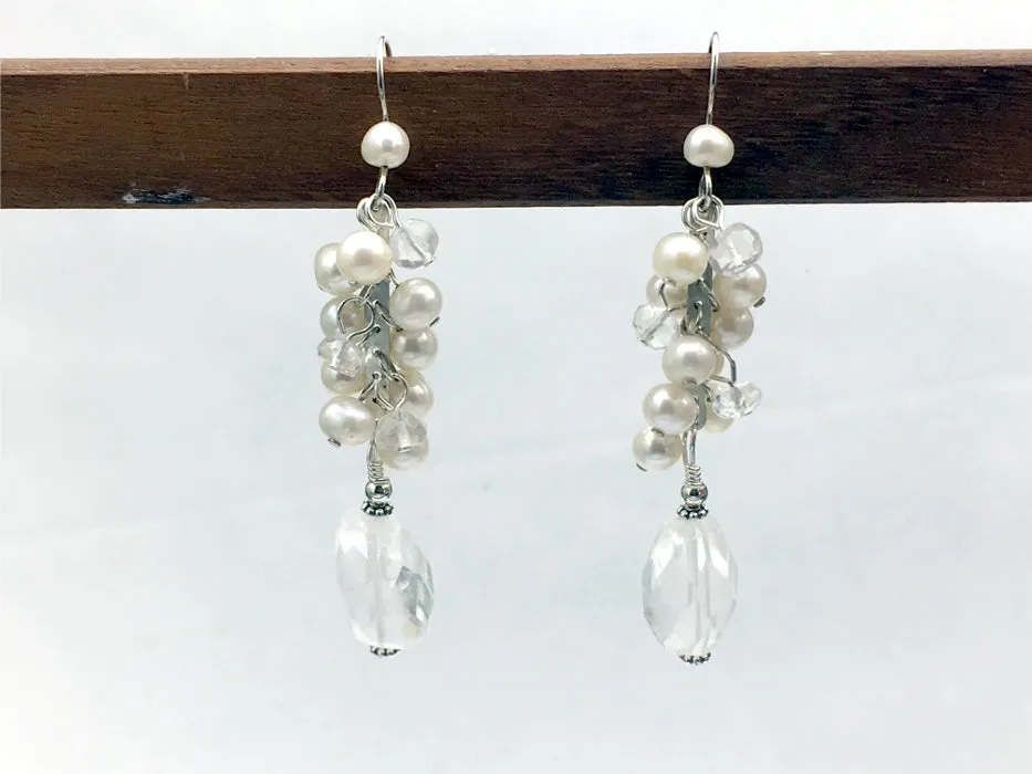 Sterling silver Freshwater Pearl cluster and clear quartz crystal dangle earrings