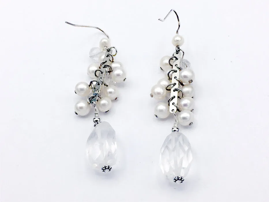 Sterling silver Freshwater Pearl cluster and clear quartz crystal dangle earrings