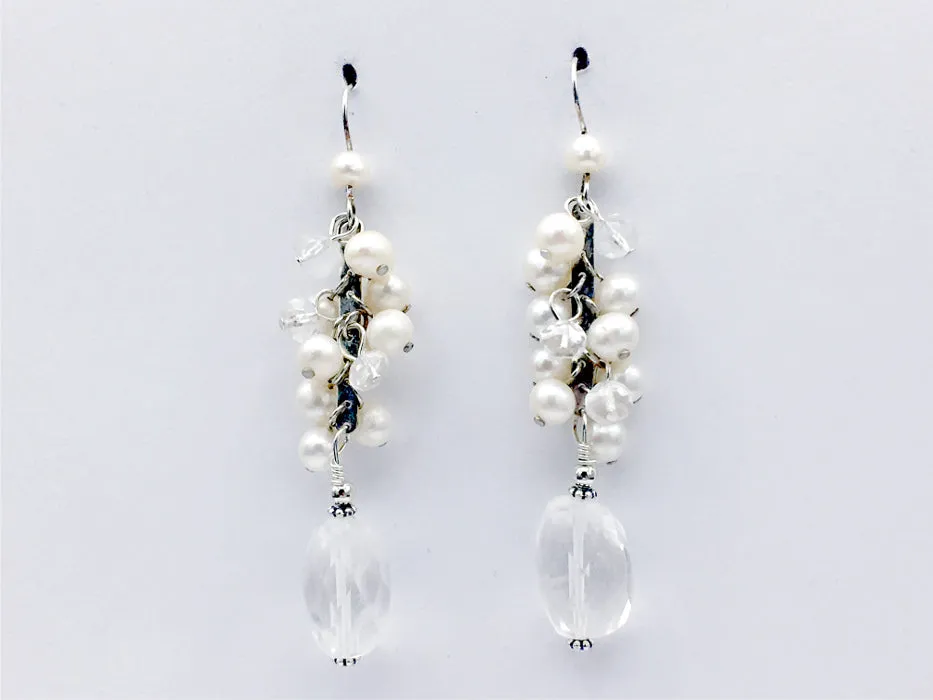 Sterling silver Freshwater Pearl cluster and clear quartz crystal dangle earrings