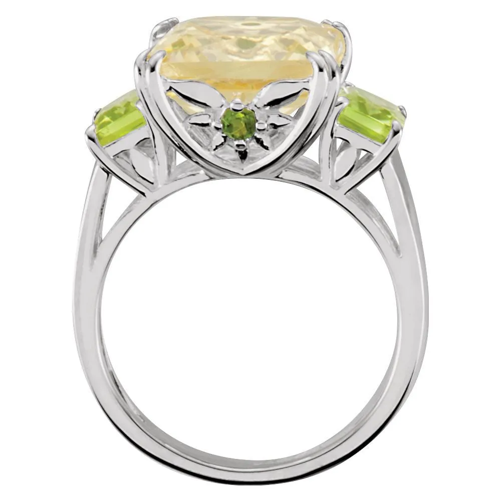 Sterling Silver Lime Quartz, Peridot & Chrome Diopside Ring, Size 6