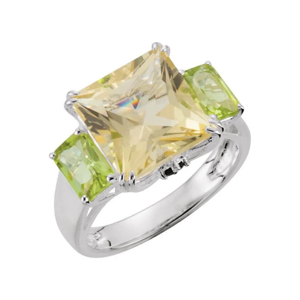 Sterling Silver Lime Quartz, Peridot & Chrome Diopside Ring, Size 6