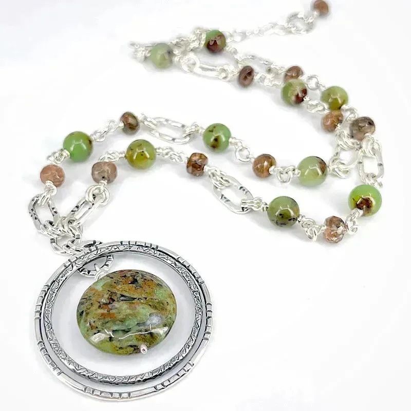 Sterling Silver Necklace with Rhyolite, Jade & Brown Sunstone