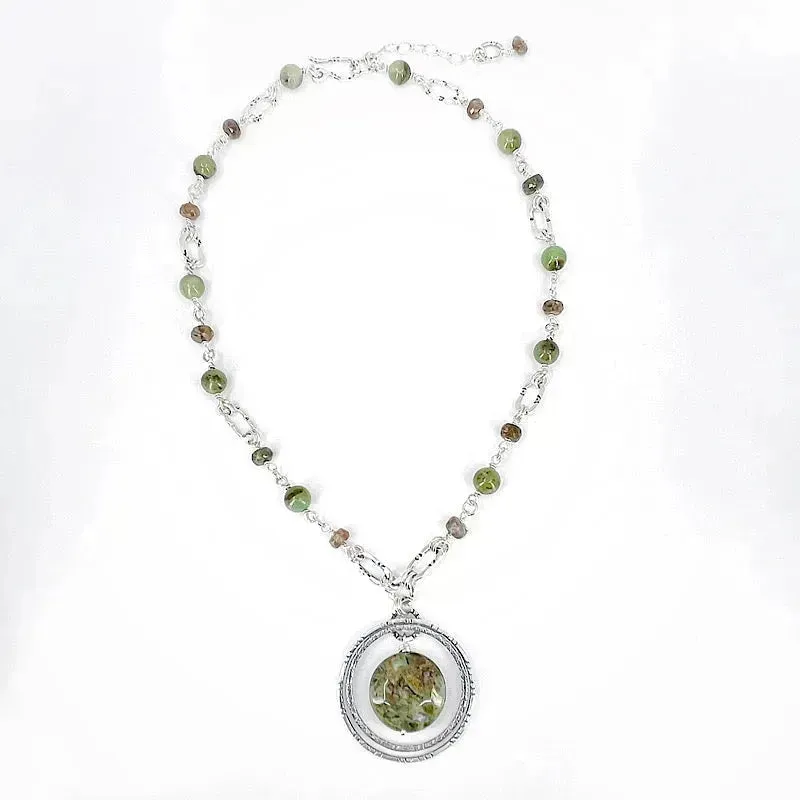 Sterling Silver Necklace with Rhyolite, Jade & Brown Sunstone