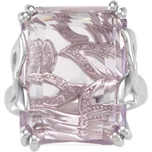 Sterling Silver Rose De France Quartz & Diamond Accented Leaf Design Ring, Size 7