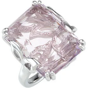 Sterling Silver Rose De France Quartz & Diamond Accented Leaf Design Ring, Size 7