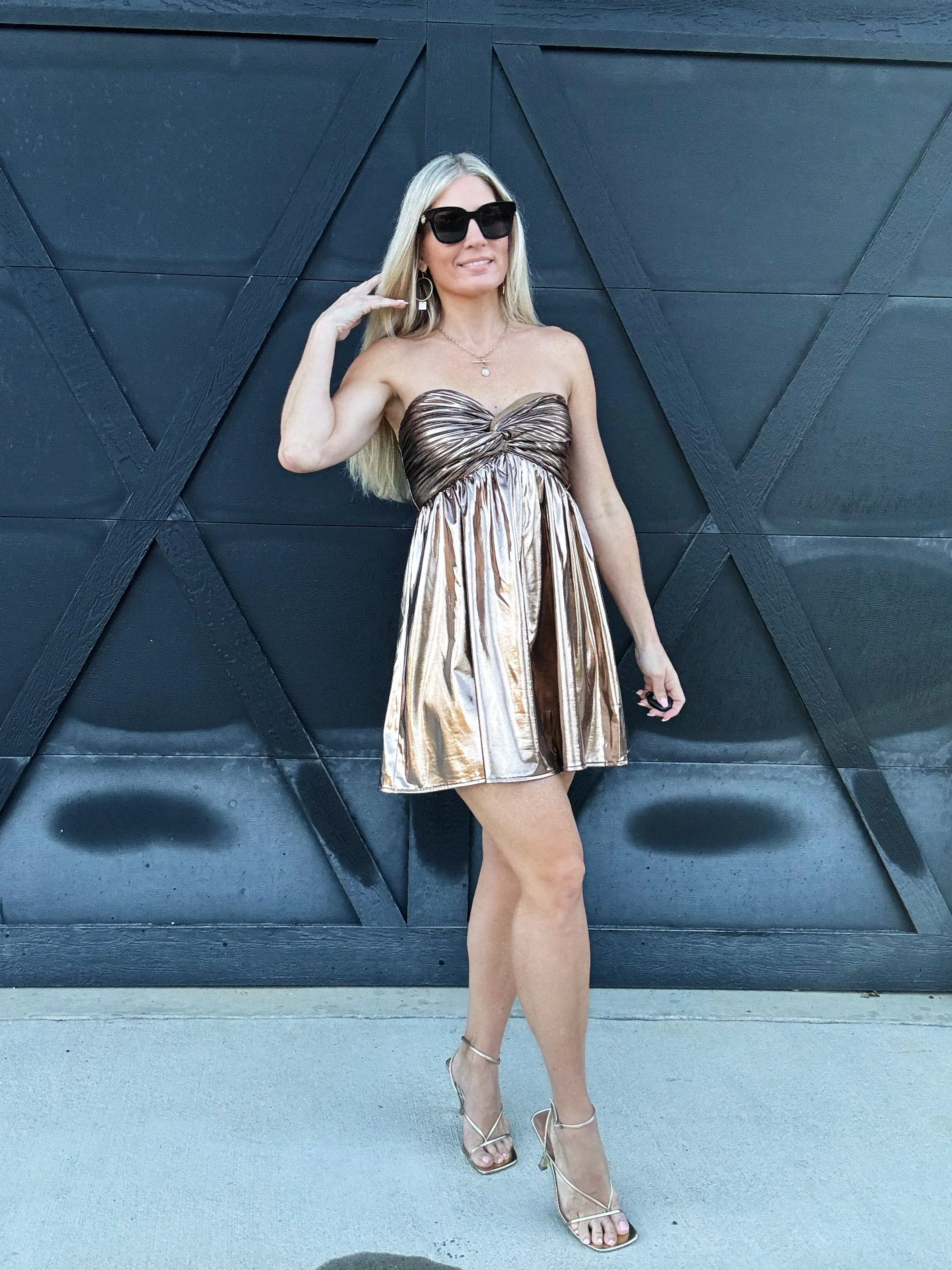 Strapless Metallic Mini Dress In Bronze