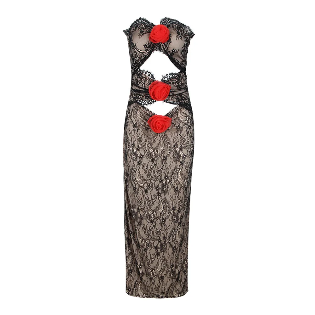 Strapless Sleeveless Lace Maxi Bodycon Dress HL9413