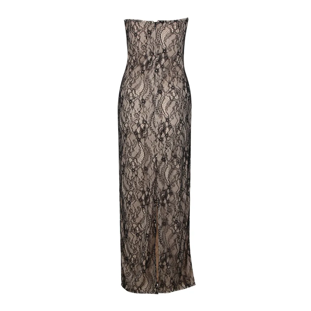 Strapless Sleeveless Lace Maxi Bodycon Dress HL9413