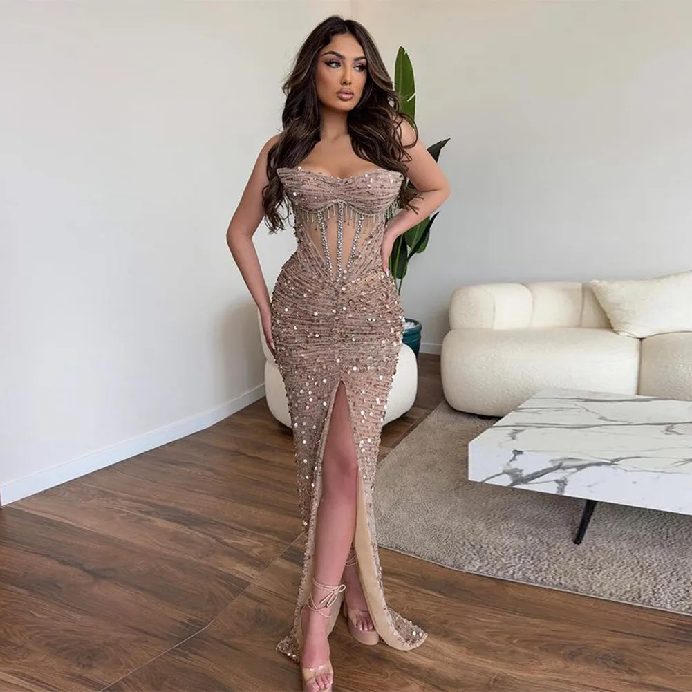 Strapless Sleeveless Ruched Maxi Bodycon Dress HT20410