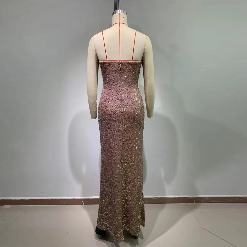 Strapless Sleeveless Ruched Maxi Bodycon Dress HT20410