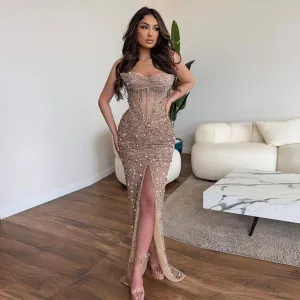 Strapless Sleeveless Ruched Maxi Bodycon Dress HT20410