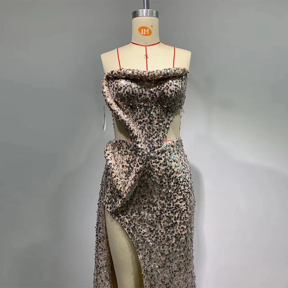 Strapless Sleeveless Sequins Maxi Bodycon Dress HT881