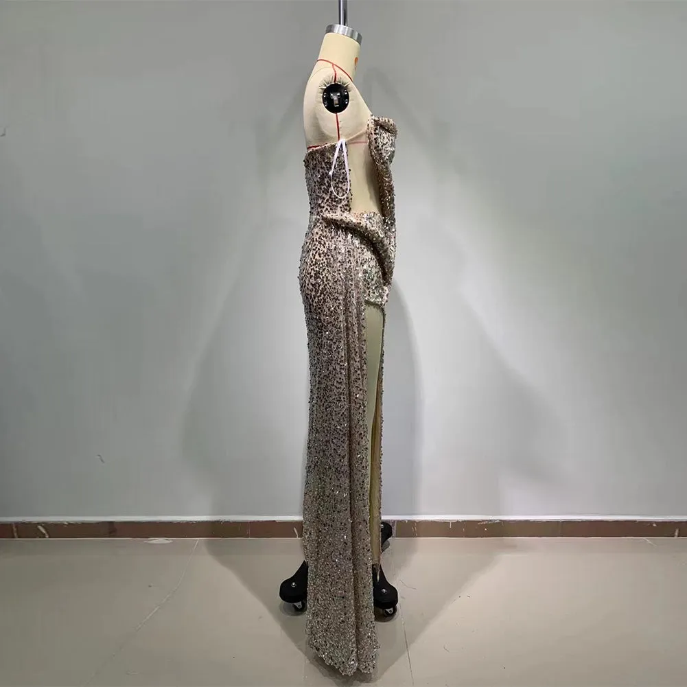 Strapless Sleeveless Sequins Maxi Bodycon Dress HT881