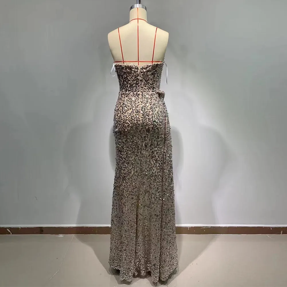 Strapless Sleeveless Sequins Maxi Bodycon Dress HT881