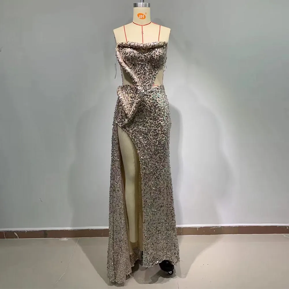 Strapless Sleeveless Sequins Maxi Bodycon Dress HT881