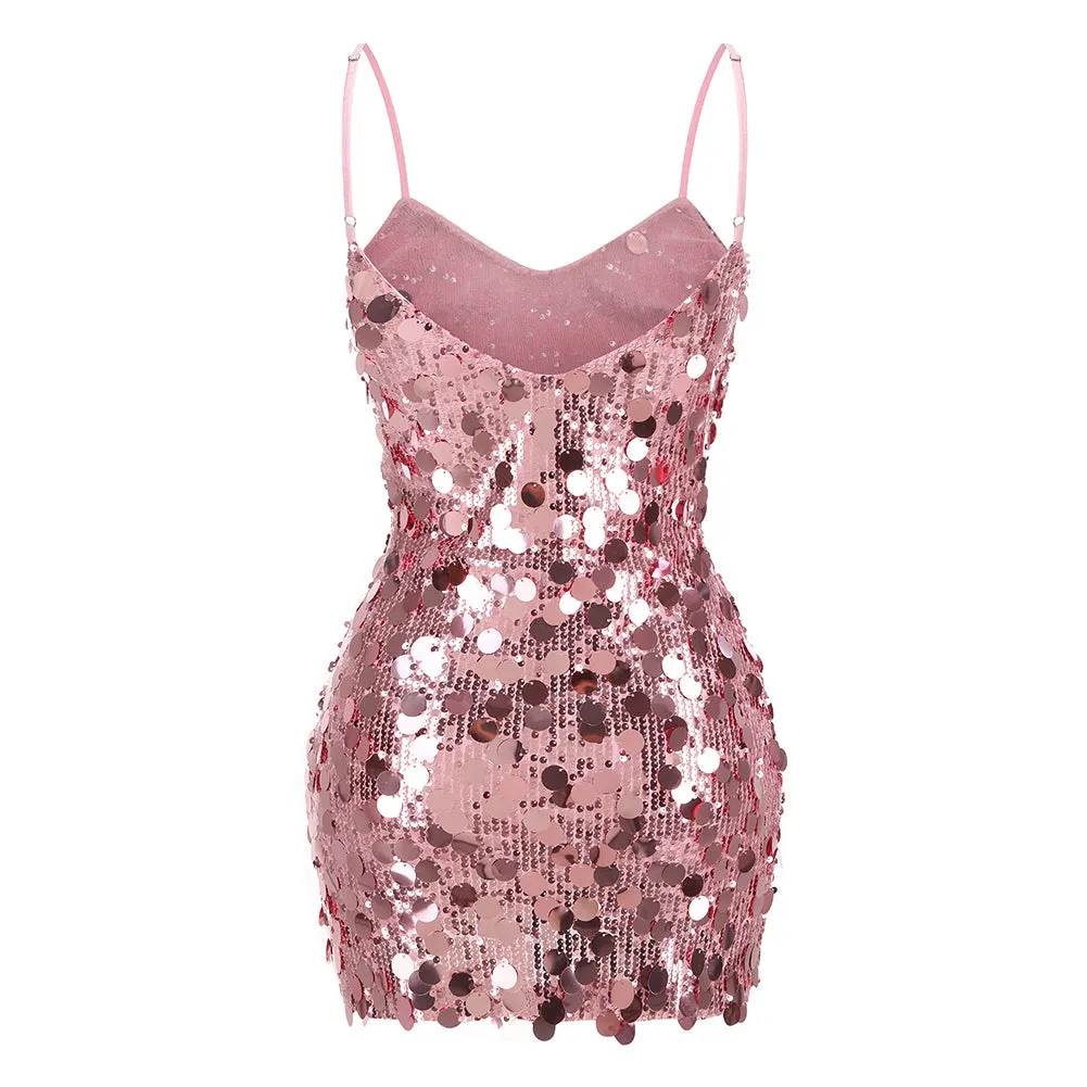 Strappy Sleeveless Big Sequin Mini Dress KLYF1301