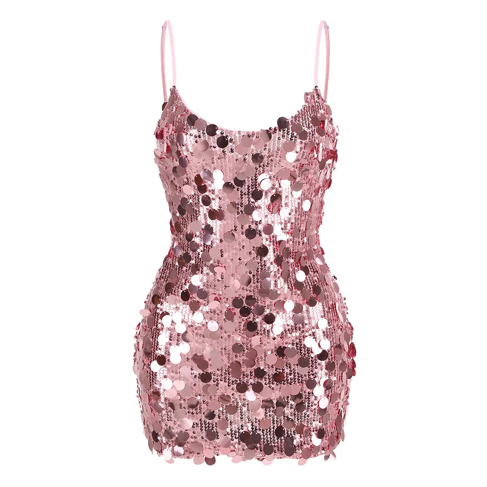 Strappy Sleeveless Big Sequin Mini Dress KLYF1301