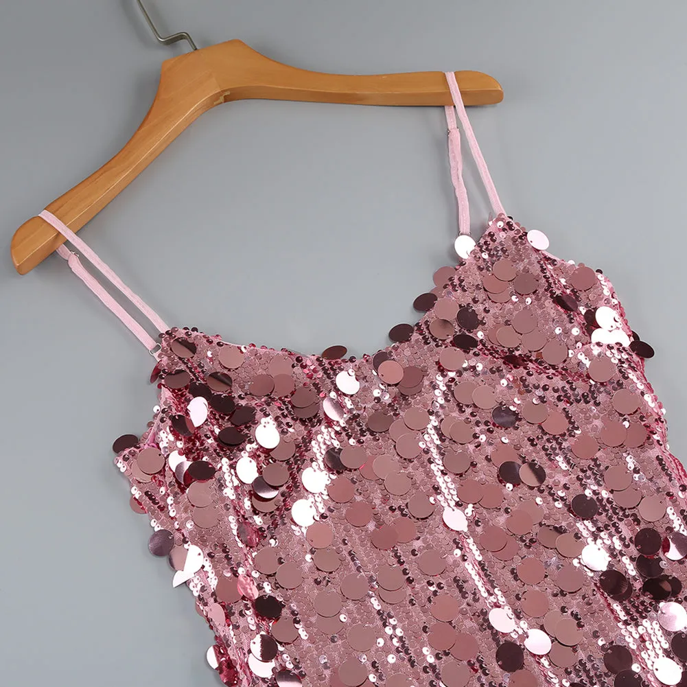 Strappy Sleeveless Big Sequin Mini Dress KLYF1301