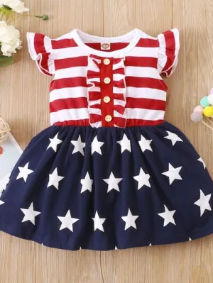 Striped & Stars Ruffled Round Neck Cap Sleeve Dress
