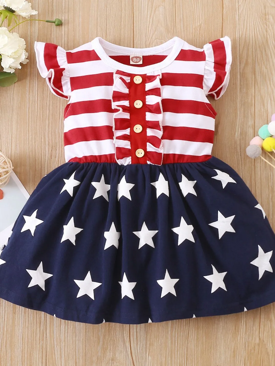 Striped & Stars Ruffled Round Neck Cap Sleeve Dress
