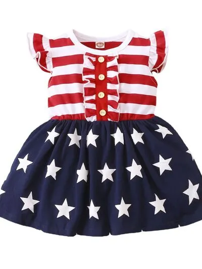 Striped & Stars Ruffled Round Neck Cap Sleeve Dress