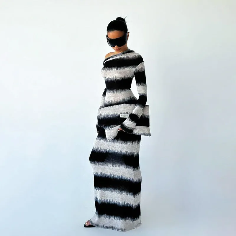 Striped Oblique Shoulder Long Sleeve Dress