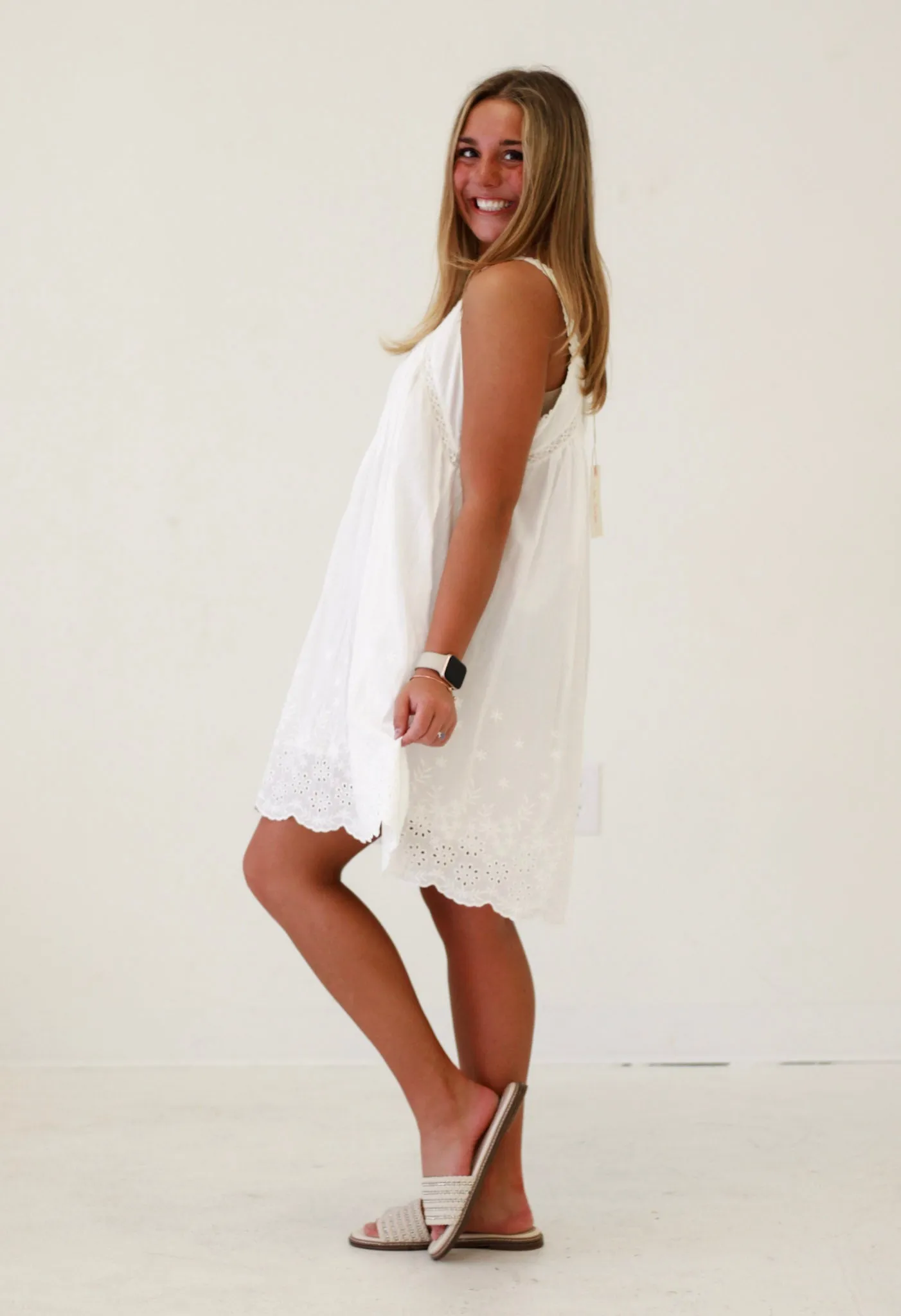 Sunlit Soiree Scalloped Laser Cut Dress in Off-White