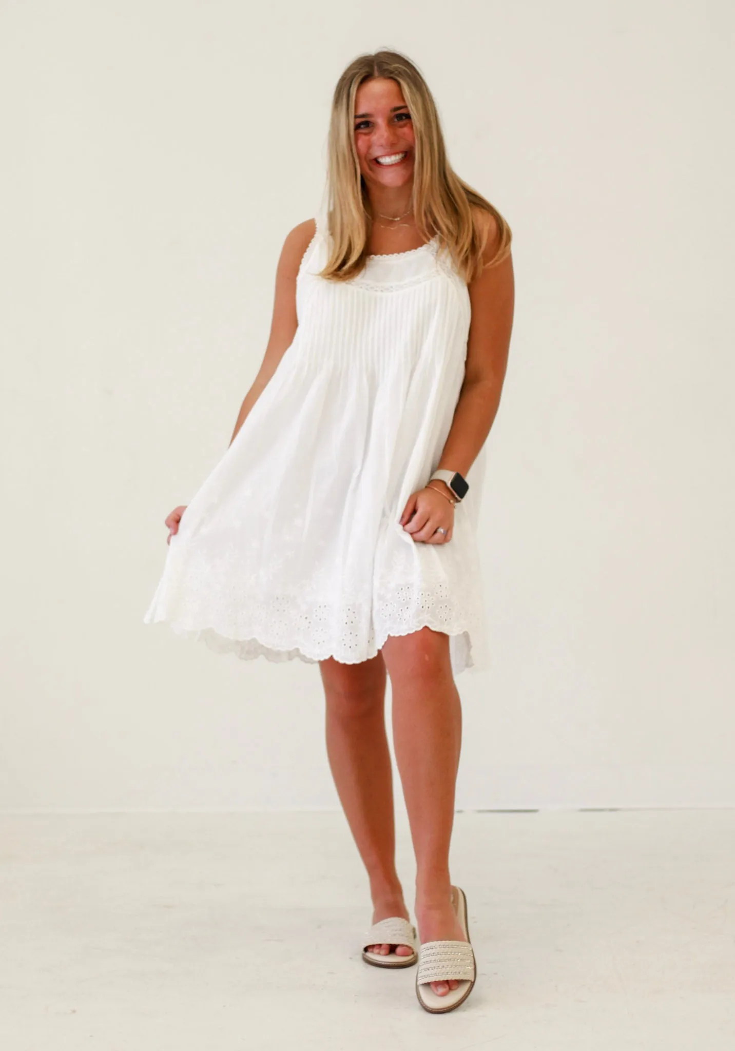 Sunlit Soiree Scalloped Laser Cut Dress in Off-White