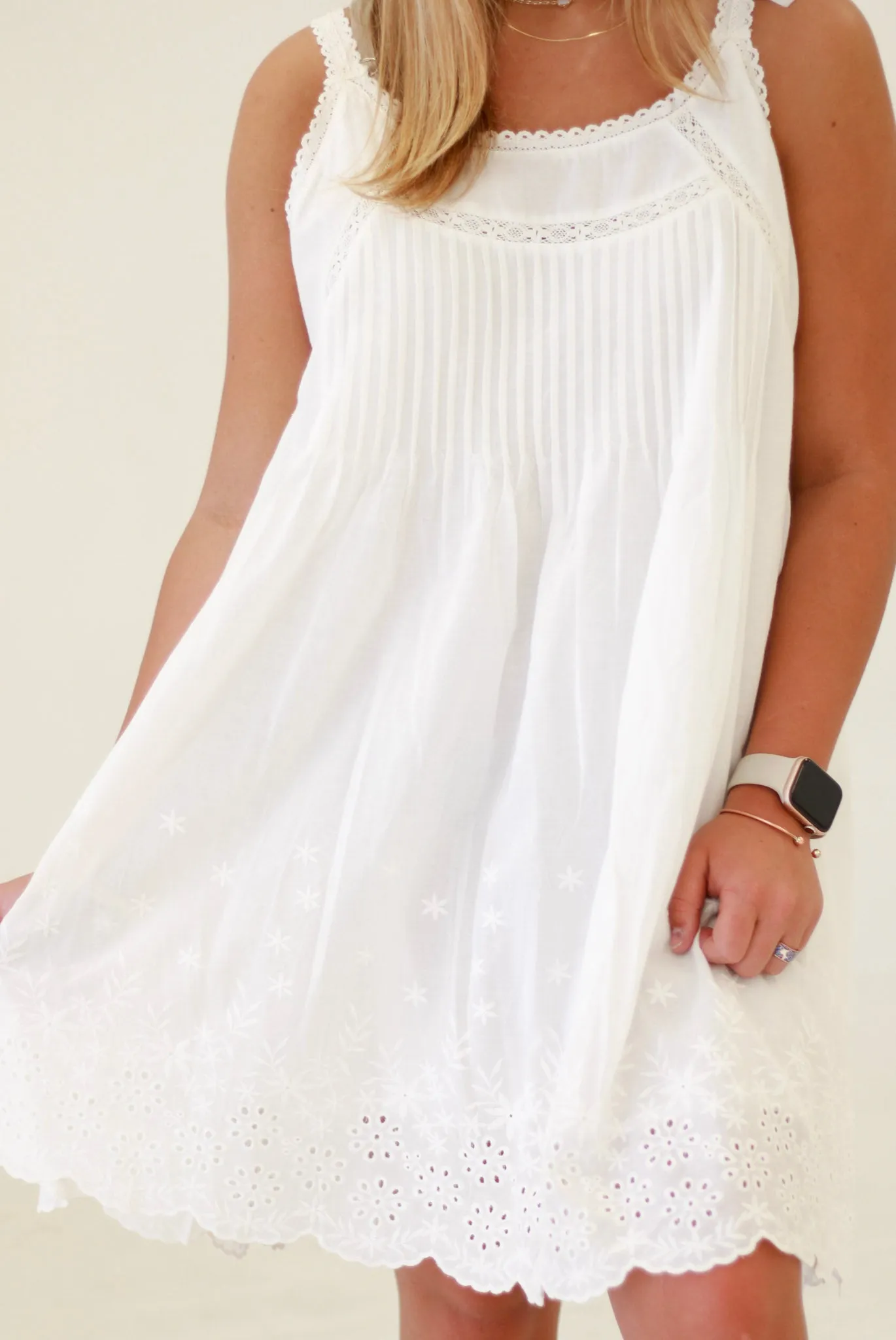Sunlit Soiree Scalloped Laser Cut Dress in Off-White