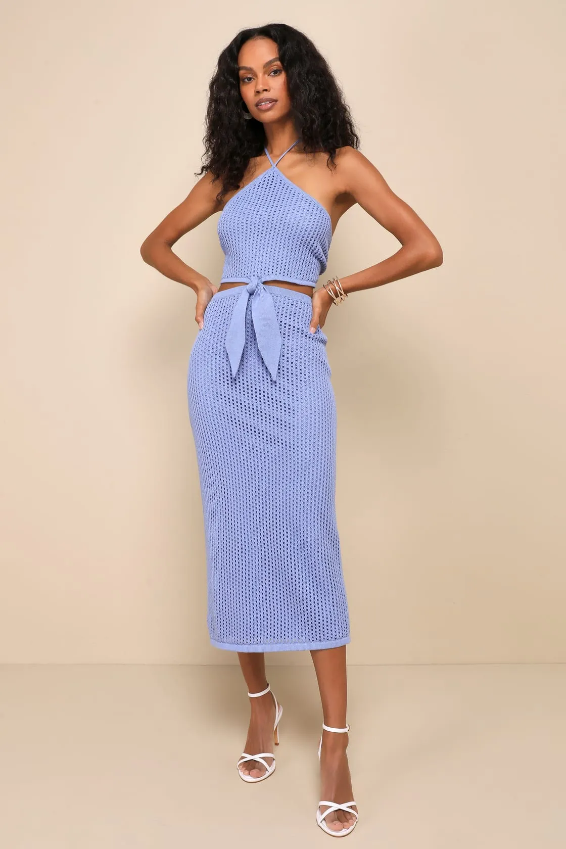 Sunny Serenity Beige Crochet Cutout Halter Midi Dress