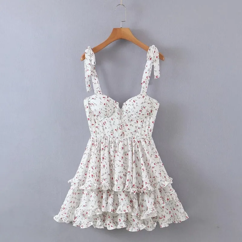 Suspender Lace-up Corset Round Neck Layered Wooden Ear Cake Dress Dress